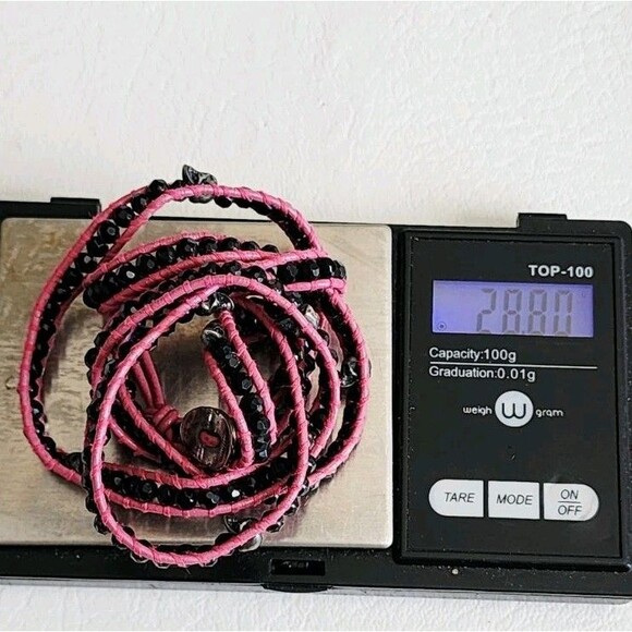 CHAN LUU NWT 5 WRAP PINK LEATHER ONYX NUGGET SKULL BRACELET 32" - Picture 10 of 10